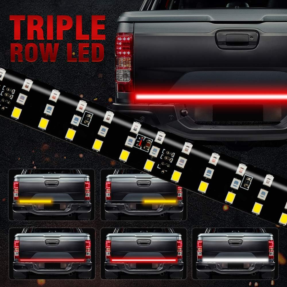 MIHAZ LED Tailgate Light Bar - 60" Triple Row 5-Function Strip Light Running, Brake, Sequential Amber Turn Signal, Reverse Tail Light for Pickup Trailer SUV RV VAN, No Drill Install 1yr-Warranty