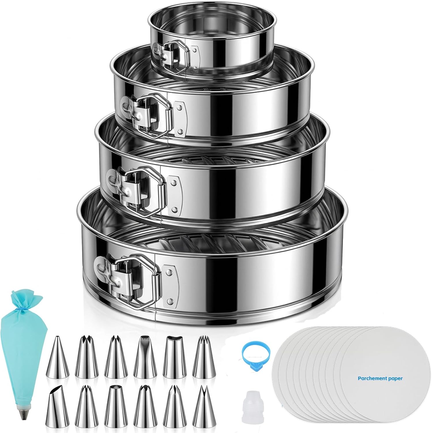 Aufind Springform Pan Set for Baking (4,7,9,10inches), 304 Stainless Steel Springform Cake Pan with Removable Bottom, Cheesecake Pan with 50PCS Parchment Paper for Pie Cake Pizza and Quiches