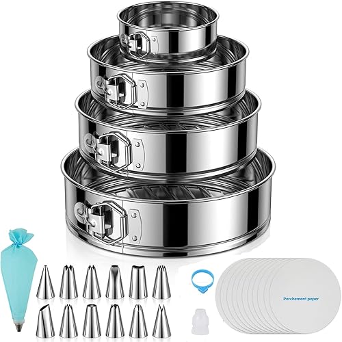 Juego de moldes de resorte Aufind para hornear (4, 7, 9, 10 pulgadas), molde de pastel de resorte de acero inoxidable 304 con fondo extraíble, molde