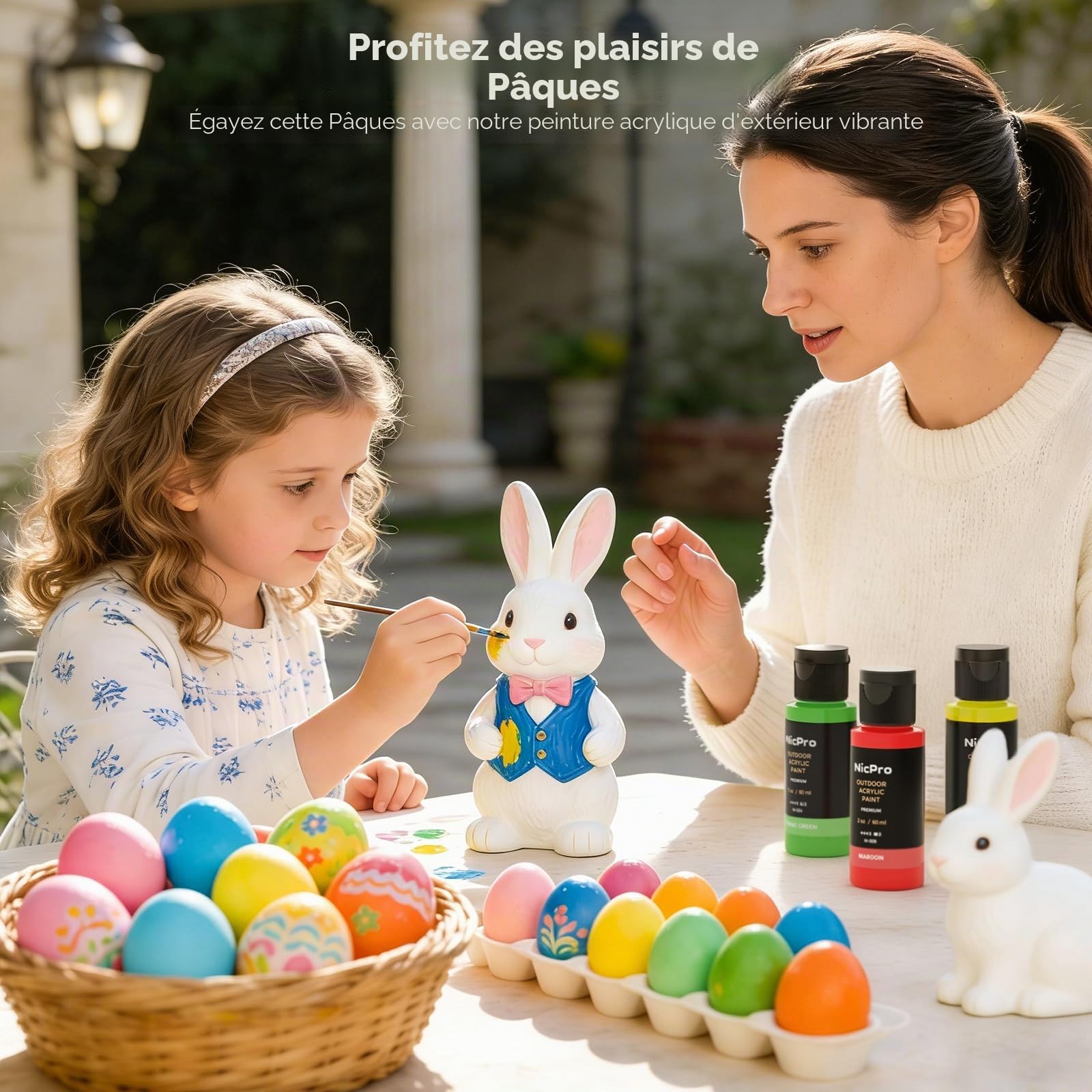 Nicpro Ensemble de peinture acrylique pour extérieur 32 couleurs en vrac avec pinceau et éponge, couteau, peinture non toxique pour plusieurs surfaces : roche, bois, tissu, cuir, travaux manuels