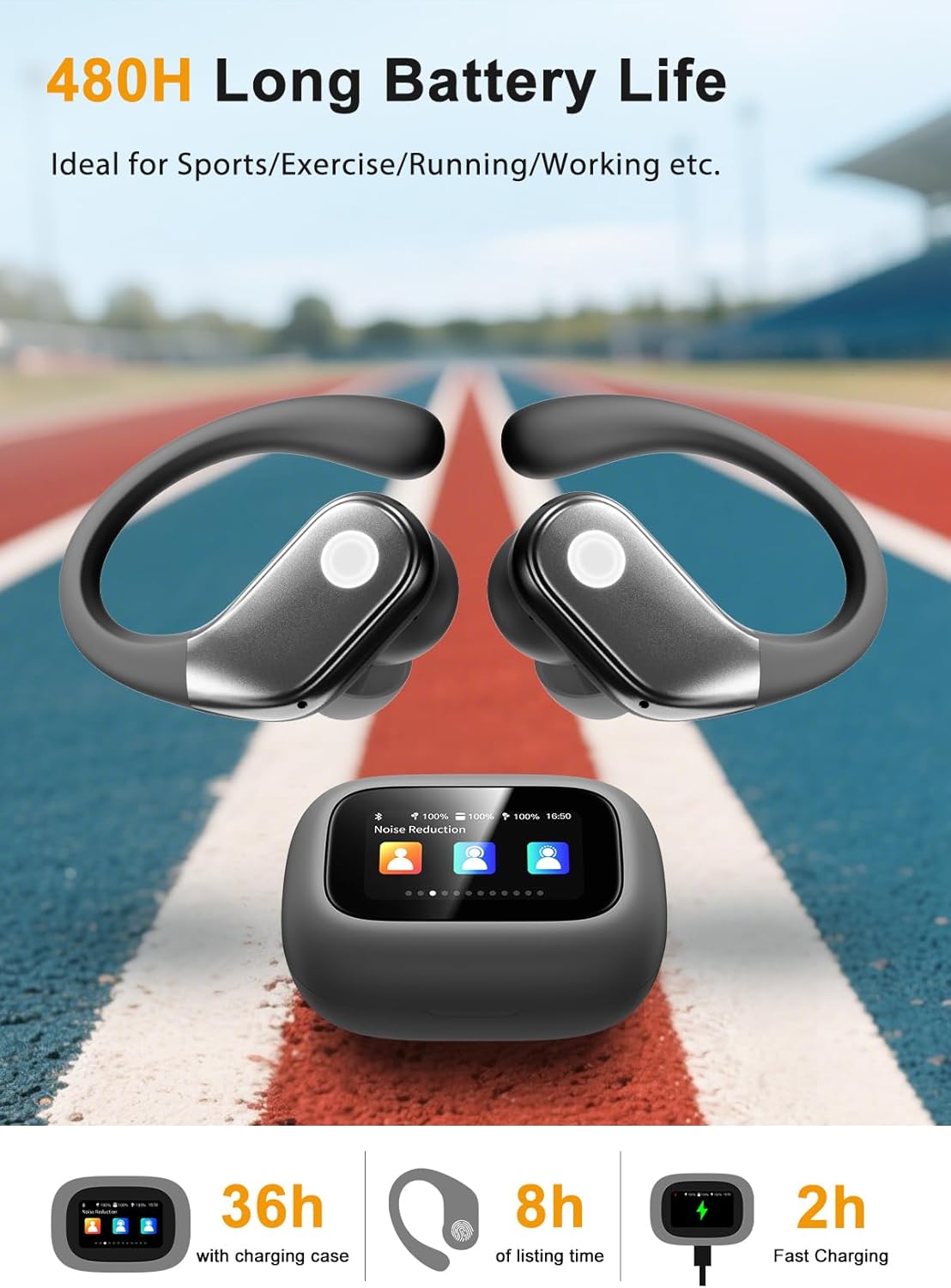 jaddsa Wireless Earbuds, ANC Noise Cancelling Sport Ear Buds with Multifunctional Touch Screen Case, Bluetooth 5.4 Headphones, Bass Stereo Sound, 5 EQ Over-Ear Earbuds for Sports/Workout/Gym-Grey