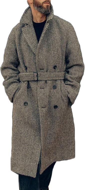 Mens Herringbone Wool Blend Coat Slim Casual Double Breasted Long Overcoat Classic Winter Warm Trench Jackets