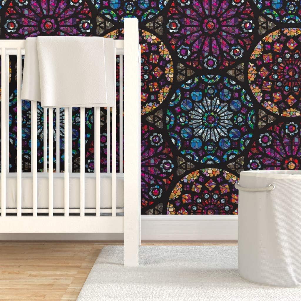 Peel & Stick Wallpaper 12ft x 2ft - Stained Glass Rose Medieval Time Abstract Geometric Custom Removable Wallpaper by Spoonflower