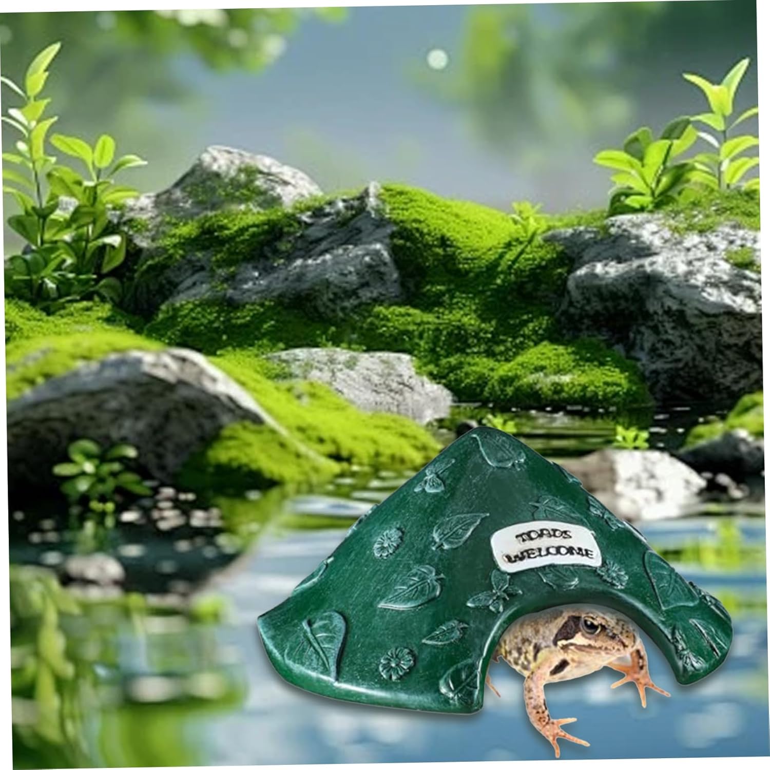 Toad House 8x4in Leaf Pattern Frog House Resin Protective Toad Habitat with Welcome Sign Cute for Outside Garden, Zoo, Aquarium, Green