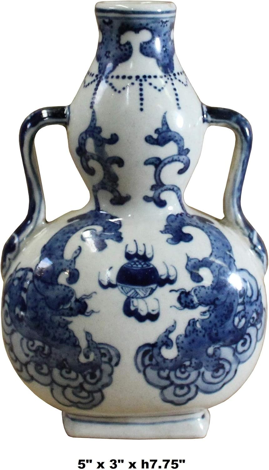 Chinese Blue White Porcelain Dragons Scroll Graphic Gourd Shape Vase Acs5699