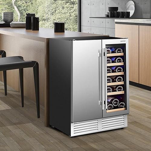 Miniatura 2 de COSTWAY Refrigerador de vino y bebidas, enfriador de bebidas de doble zona de 24 pulgadas con cerradura, puerta de acero inoxidable, refrigerador de