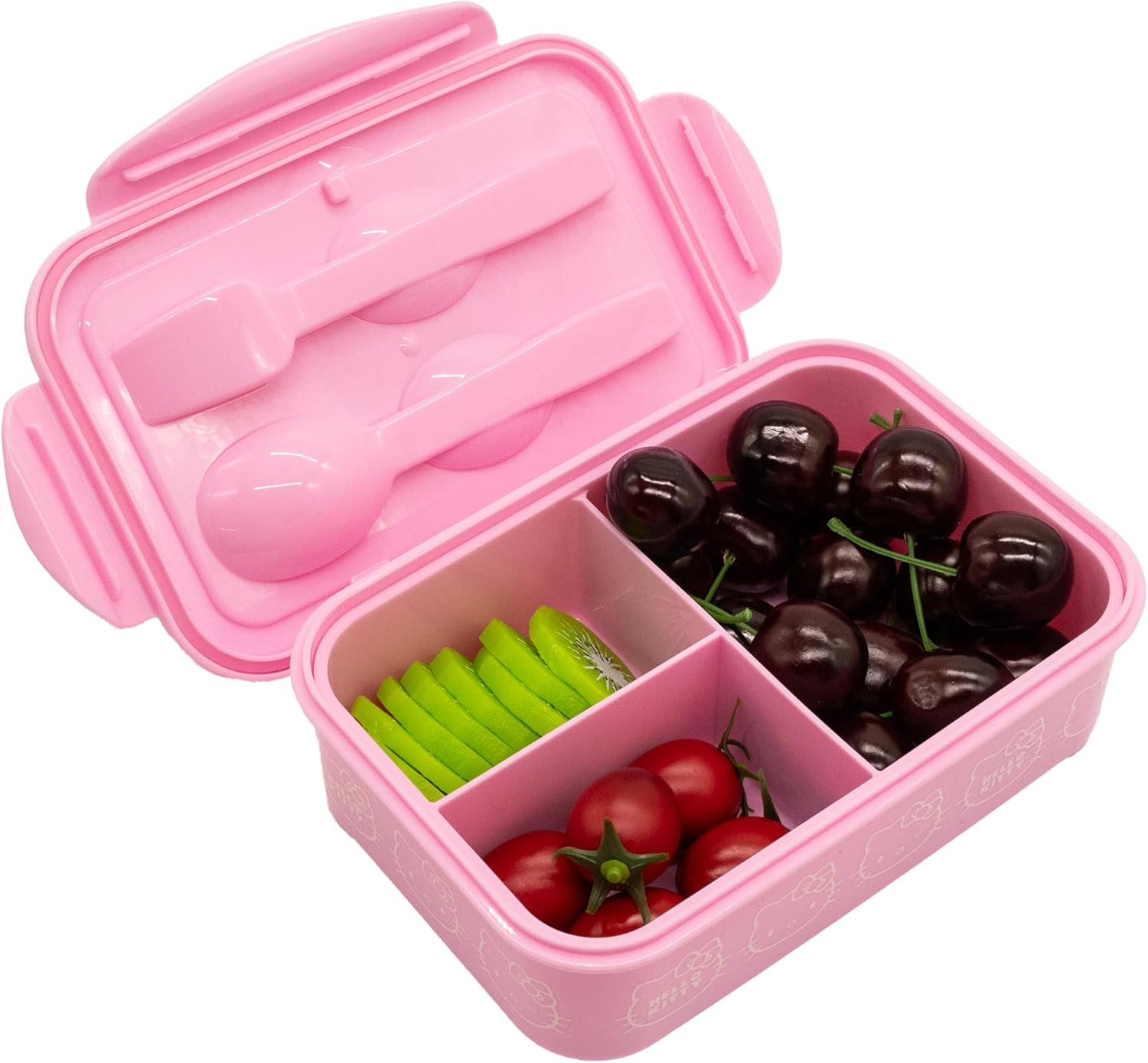 Fast Forward Hello Kitty Bento Lunch Box for Kids | Sanrio Food Container with Utensils | BPA-Free Toddler Lunch Kit with 3 Compartments | Bento Snack Box with Spoon & Fork