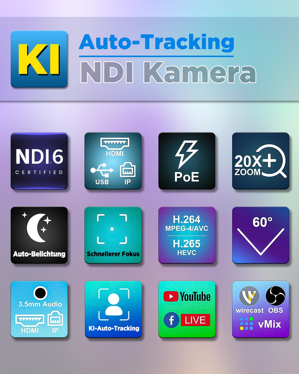 FoMaKo NDI HX3 PTZ Kamera Set, 20x Optischer Zoom KI-Auto-Tracking, mit 3G-SDI/HDMI/USB3.0/LAN(PoE), für YoTube vMix OBS Live Streaming, mit 1*KN20A Pro NDI Kamera +1* NDI PTZ Controller (BN201)
