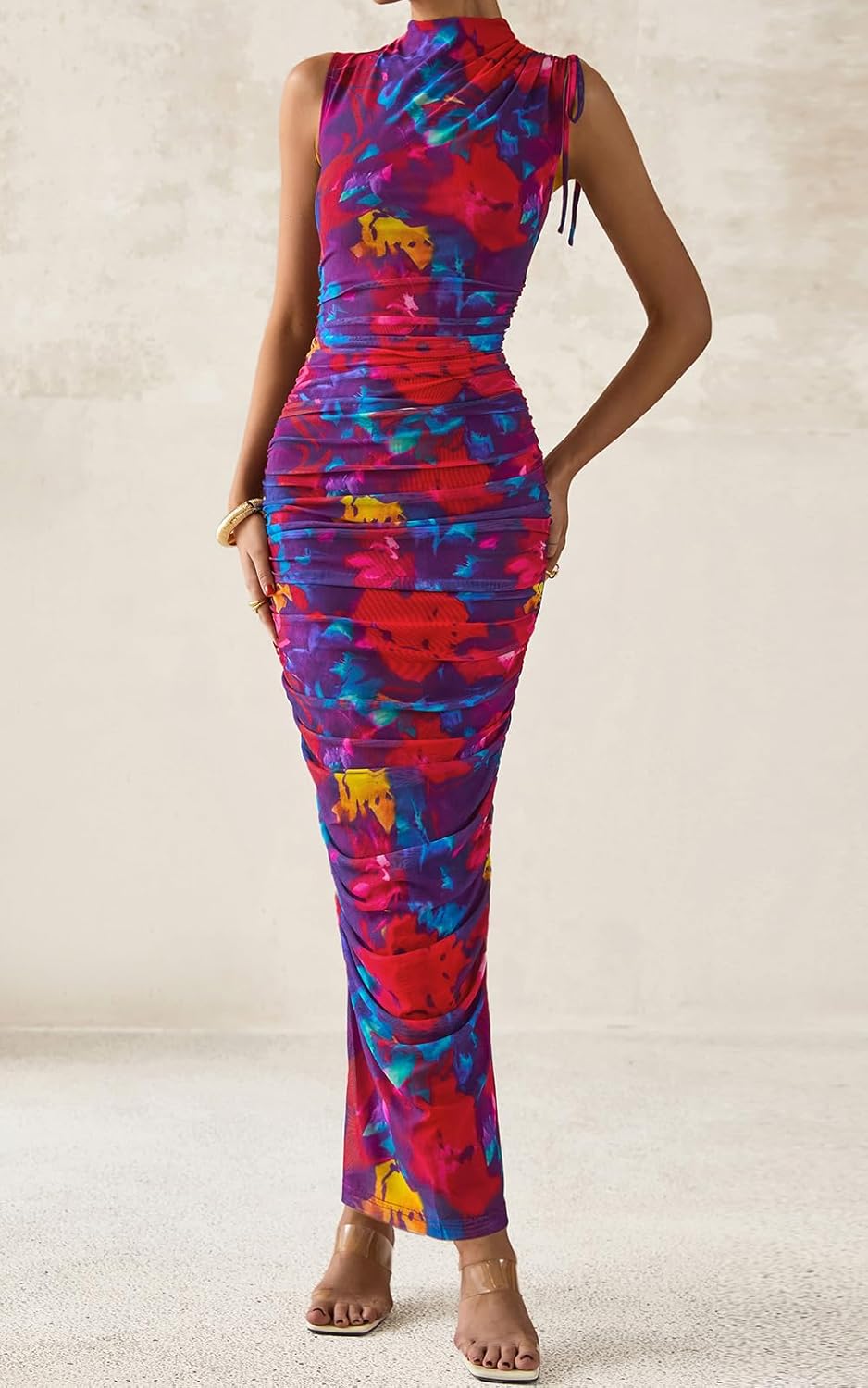 PRETTYGARDEN Women's Summer Maxi Floral Dresses Ruched Bodycon Sleeveless Mesh Formal Wedding Guest Cocktail Split Long Dress - Image 6