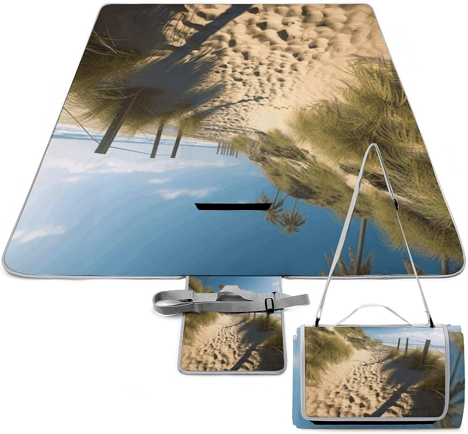 Beach Themed Waterproof Picnic Blanket 58.3''x58.3'',Portable and Foldable Picnic Mat with Handle,Outdoor Blankets for Lawn Park Beach Travel