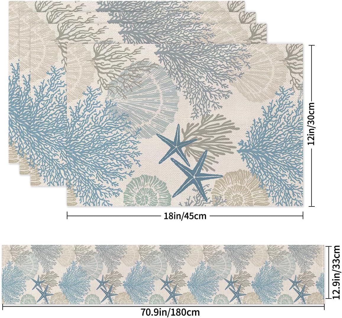 Summer Coastal Table Runner and Placemats Set of 6, Linen Blue Teal Sea Animals Theme, Coral Starfish Holiday Party Home Decor for Table Dining Room Kitchen (Sea Animals, Set of 6)