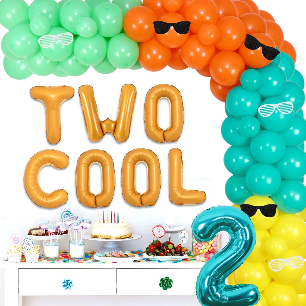 Two Cool Birthday Party Decorations Boy, 2nd Birthday Decorations For Boys, Two Cool Balloon Garland Blue Orange Yellow Green Sunglasses Theme Party For Little Man 2 Years Old Birthday Party - Image 4