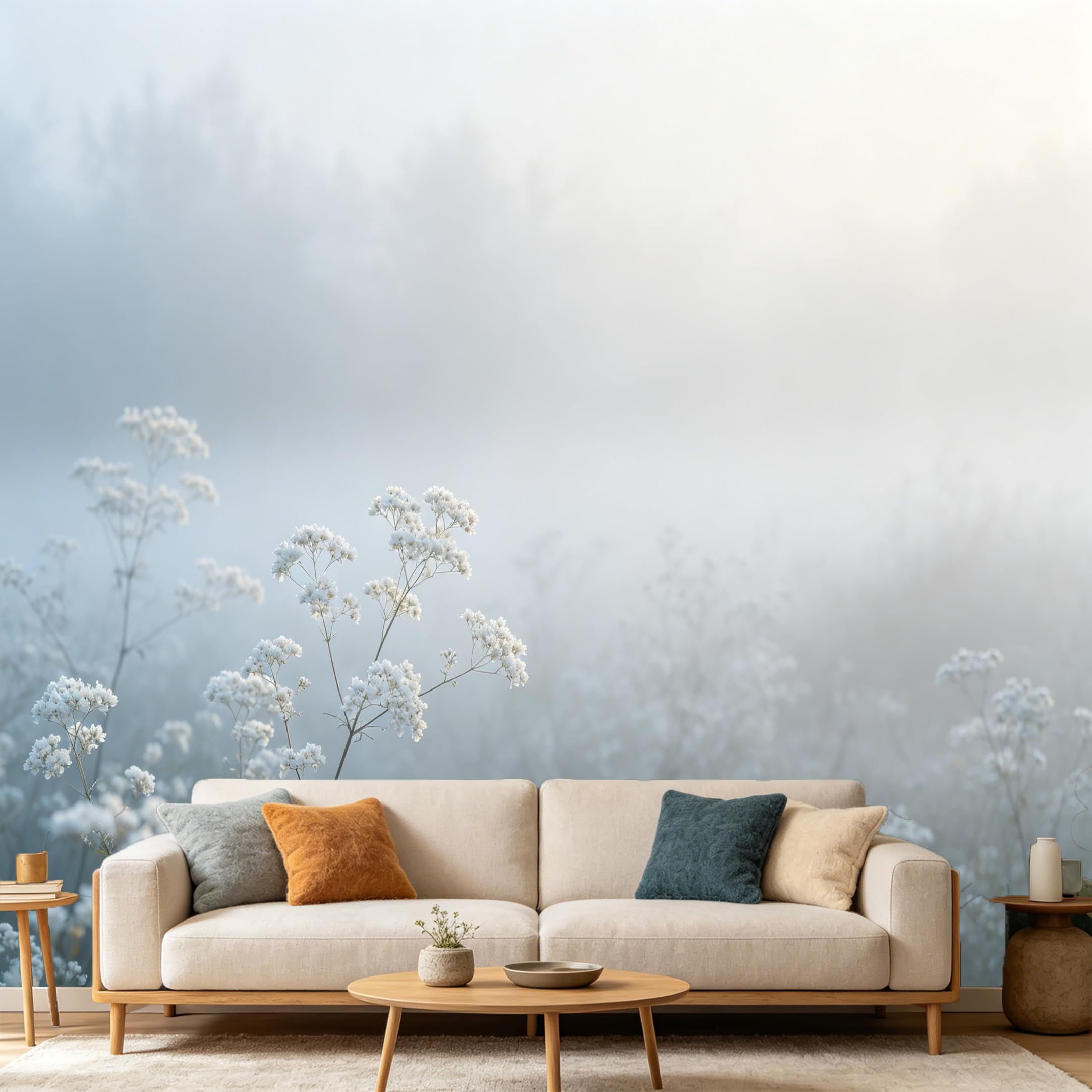 Custom Size Wall Mural Botanical Misty Morning Wildflowers Foggy Landscape Minimalist Aesthetic，SelfAdhesive Art Prints wall Fabric（No PVC） Removable Wallpaper Home Bedroom Decor