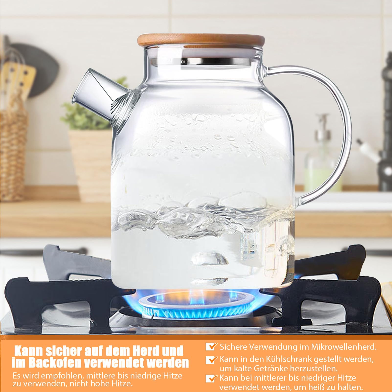 Teiera In Vetro Borosilicato 1.8L Kasanni - Resistente A Calore E Freddo Con Filtro E Coperchio In Legno - Foto 3