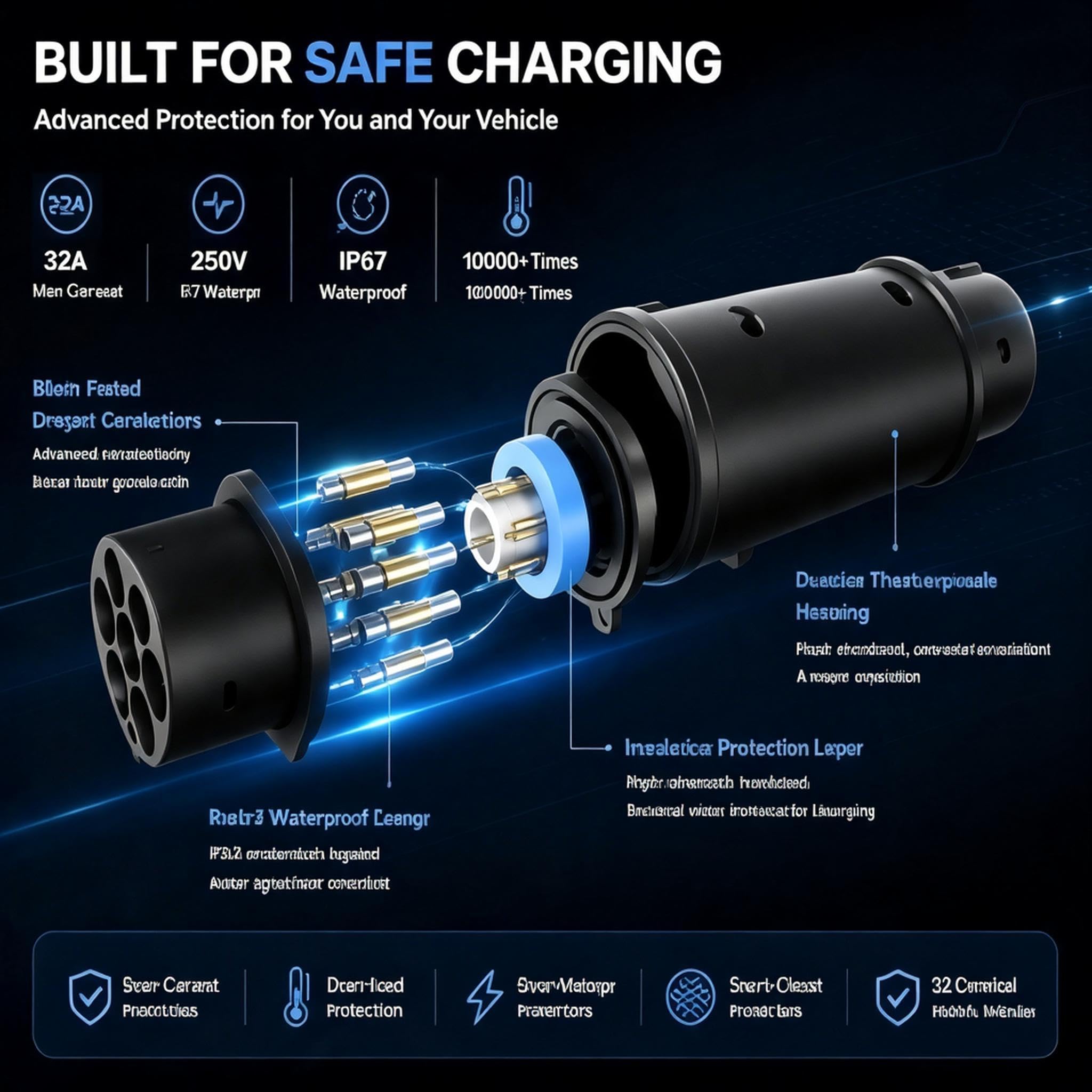 Adattatore di ricarica da tipo 2 a tipo 1, da IEC 62196 a SAE J1772, per auto elettriche, 32 A, 250 V, impermeabile, compatibile con veicoli di tipo 1 su stazioni di ricarica europee
