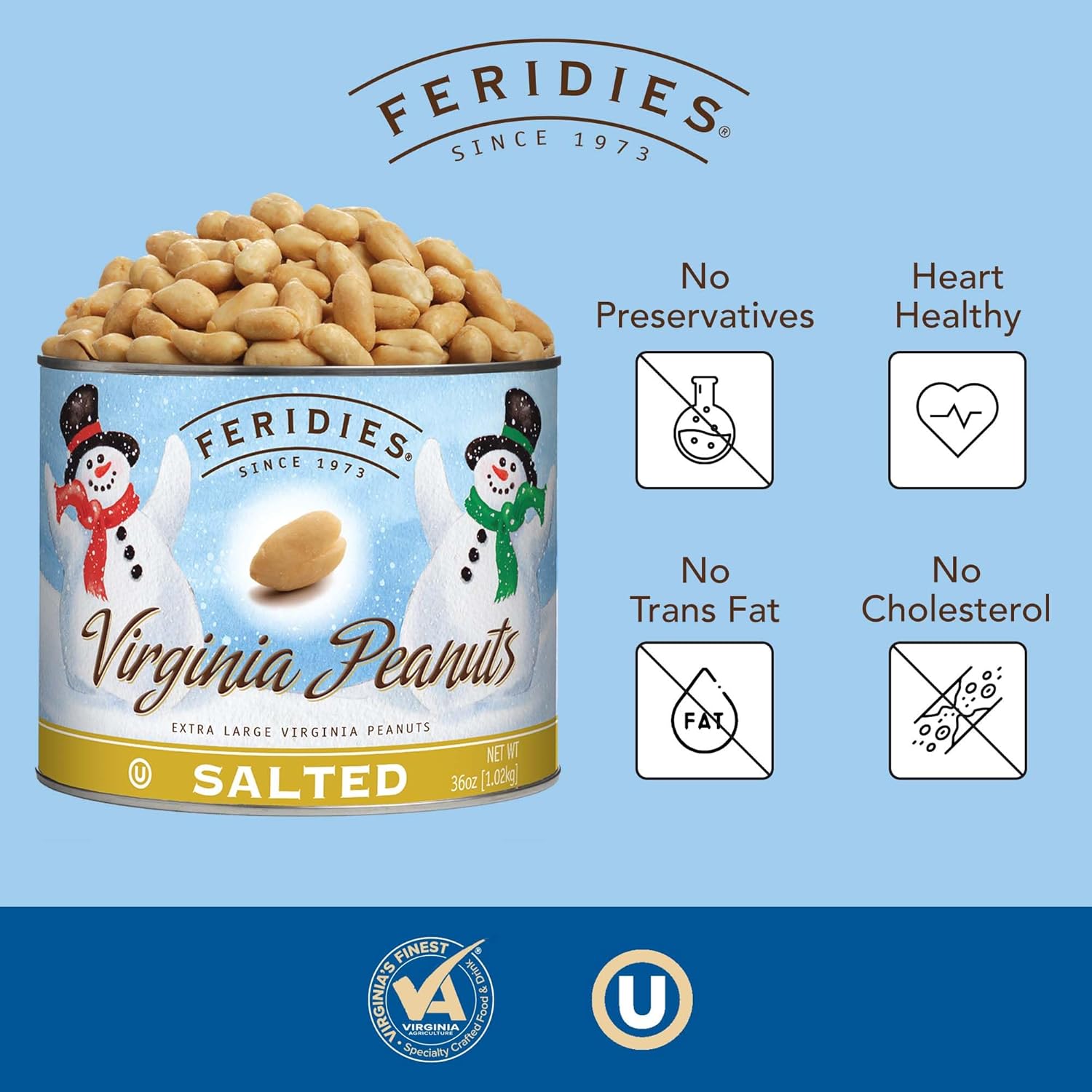 FERIDIES Holiday Snowmen Extra Large Salted Virginia Peanuts - 36oz Resealeble Can of Crunchy Salted Nuts