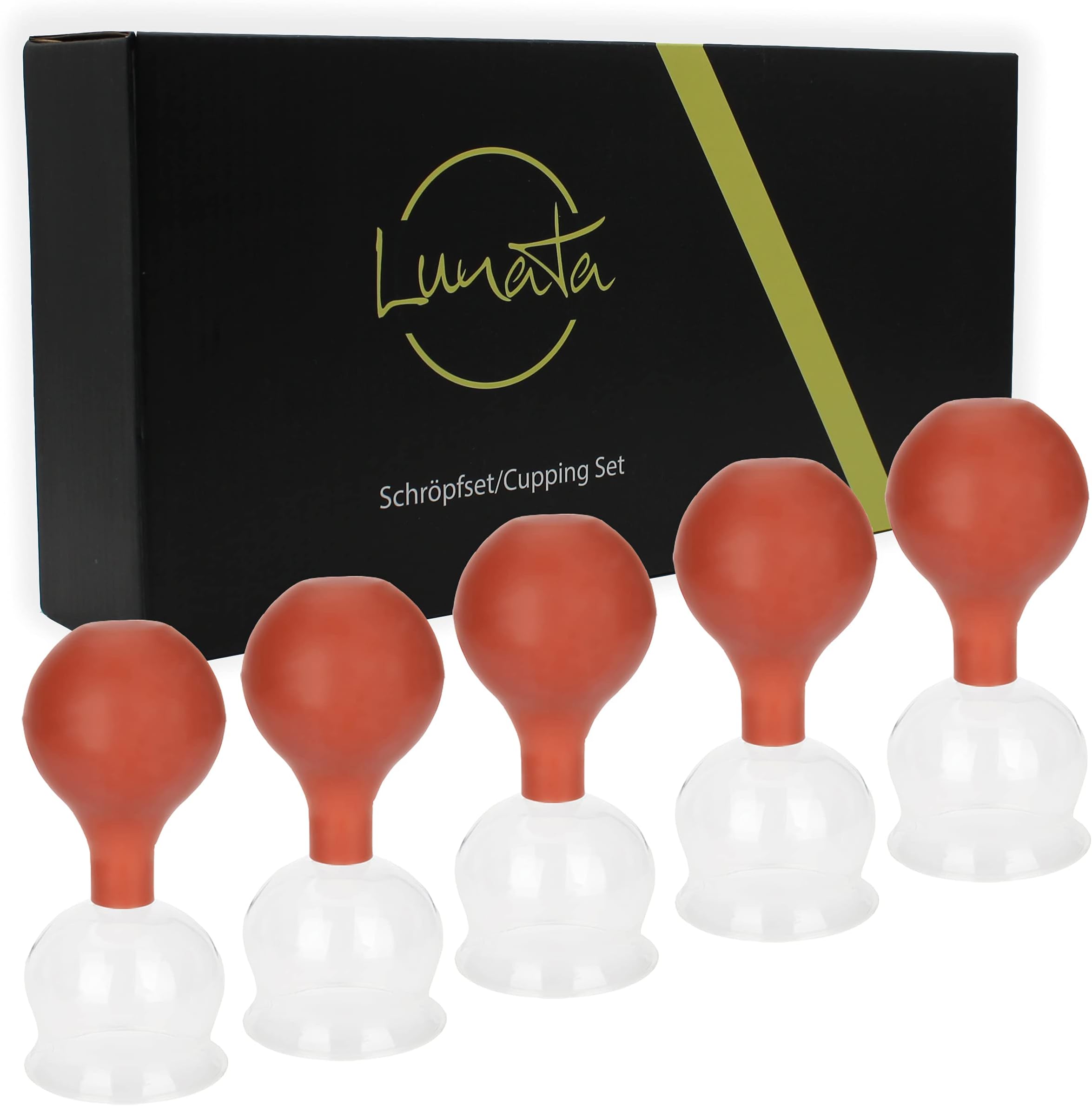 Lunata5X Cupping Glasses with Suction Bulb, Ø 60, Fireless Cupping Therapy with Silicone Ball, Professional Massage with Glass Cupping
