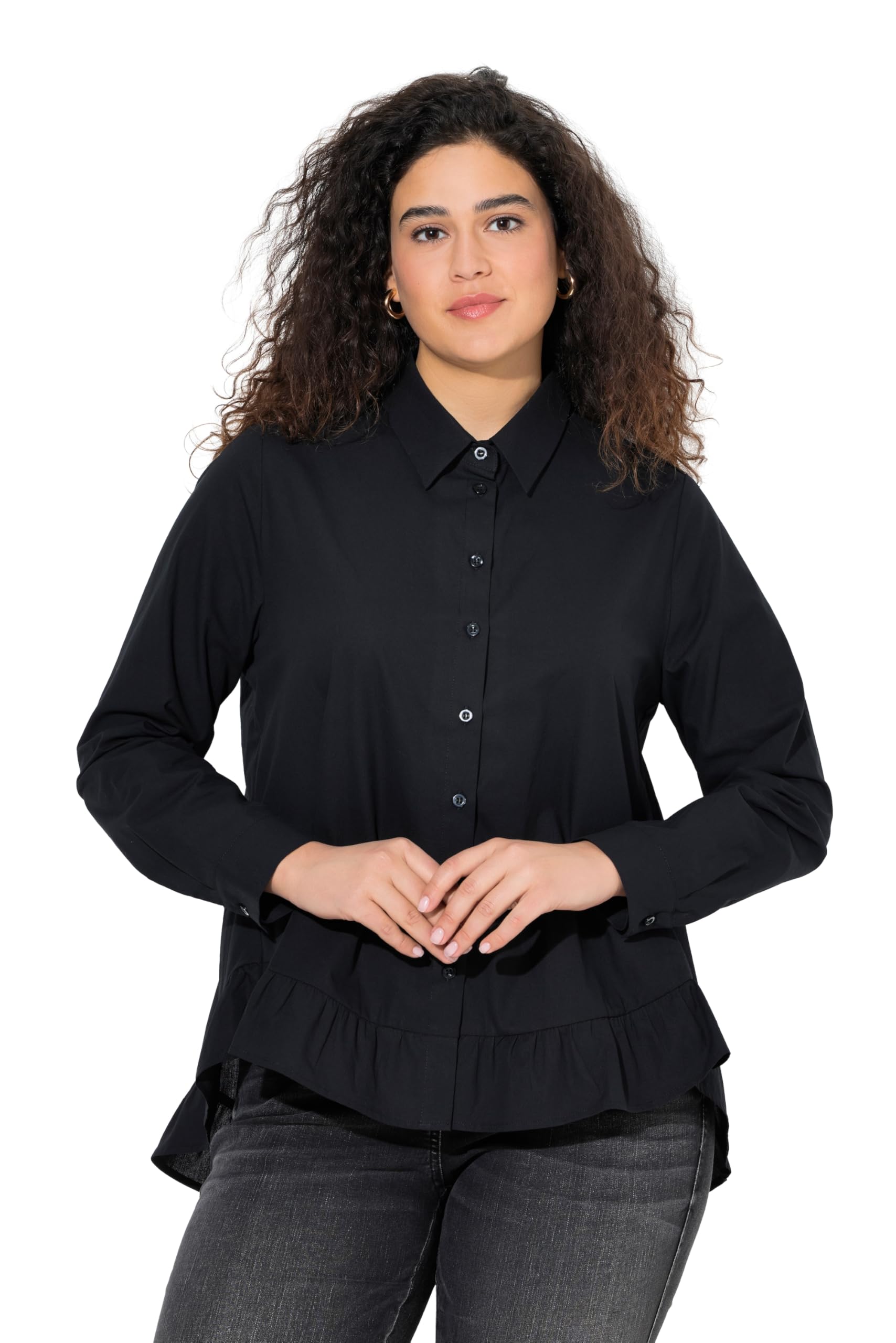 Ulla Popken Damen große Größen Übergrößen Plus Size Bluse, Volantsaum, A-Linie, Hemdkragen, Langarm 842170