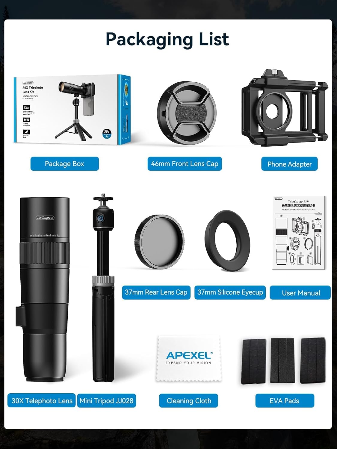 APEXEL 30X HD Telephoto Lens for iPhone Samsung Google Pixel and Android