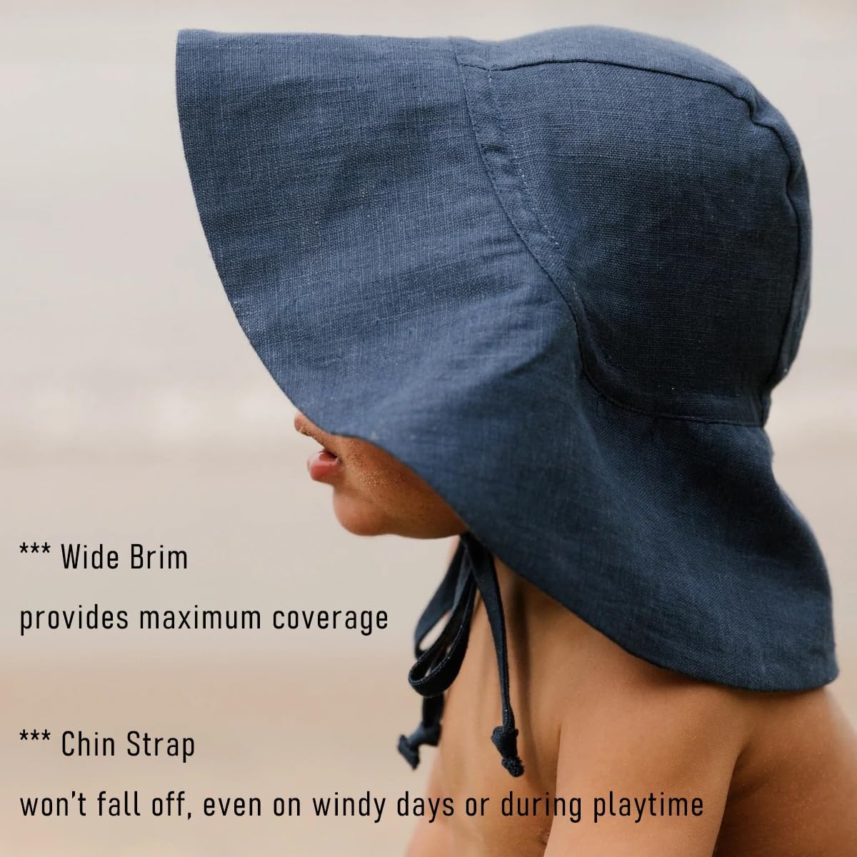Baby Sun Hat UPF 50+, Wide Brim Linen Cotton Summer Hat with Chin Strap, Breathable Toddler Bucket Hat for Boys & Girls