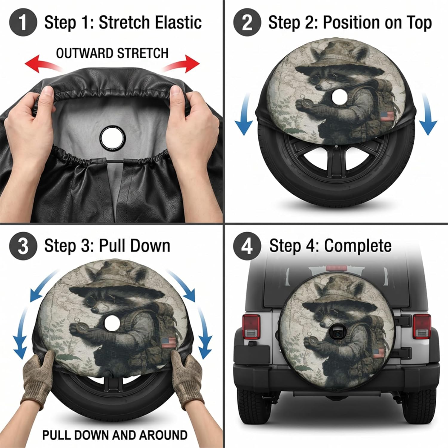 18inch Raccoon Leather Spare Tire Cover with Backup Camera Hole, Waterproof Wheel Cover UV Resistant Dustproof Tire Protector for SUV Camper RV Travel Trailer