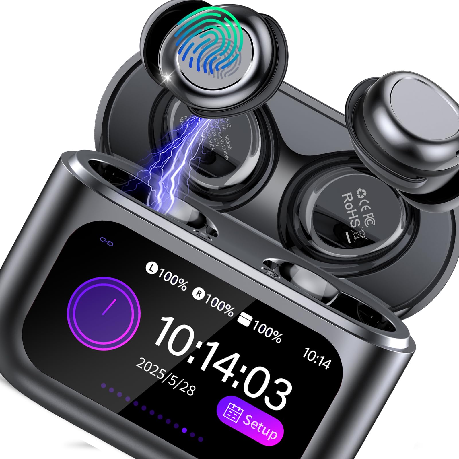 ZYHKON Słuchawki Bluetooth, Bluetooth 5.4, słuchawki douszne z ekranem dotykowym, czas odtwarzania 48 h, mini słuchawki z dźwiękiem HiFi, 5 trybów EQ, redukcja szumów ENC, bezprzewodowe słuchawki dla