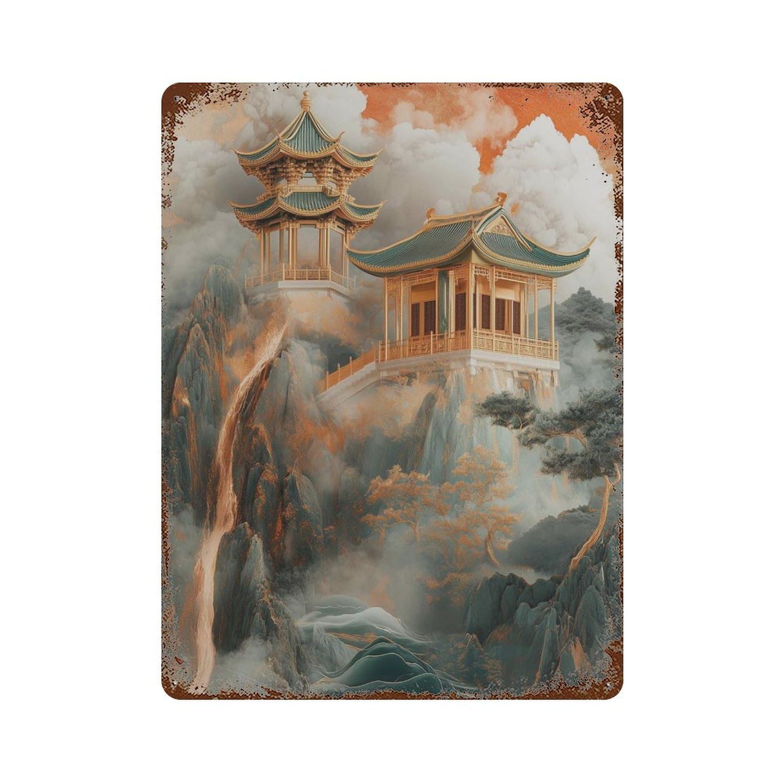 xiaoxiaoshen Mountain Temple Landscape Asian Pagoda Dramatic Cloud Waterfall Nature Wall Decor Art Metal Tin Poster Modern Home Decor Art Home Bar Shop Decorations Vintage Sign 40x30cm