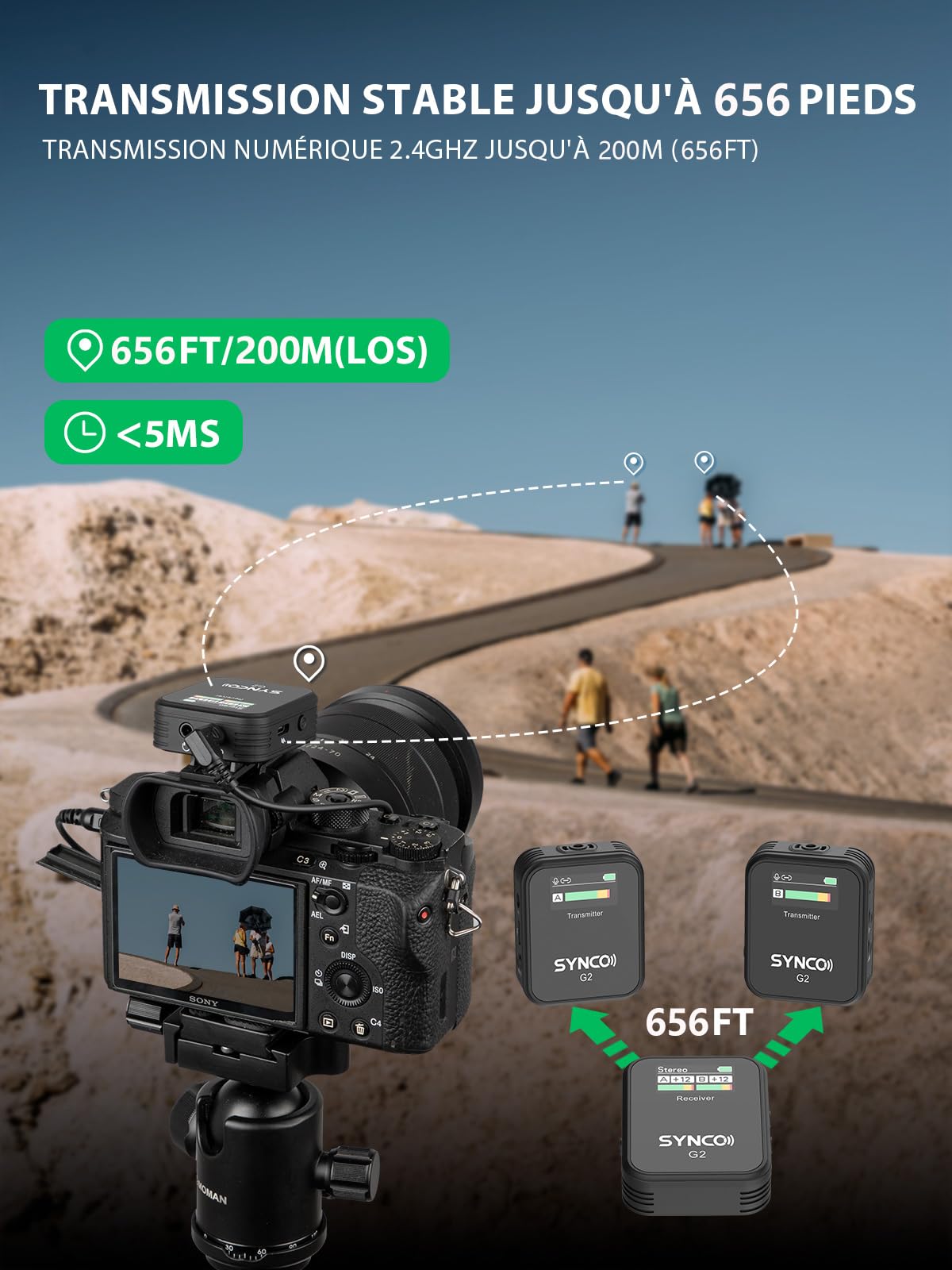 SYNCO G2(A2) Micro Cravate sans Fil, Lavalier Microphone 2.4G 200M 8H Annulation Bruit pour Caméra DSLR Smartphone Tablette PC Youtube Vlogging Streaming