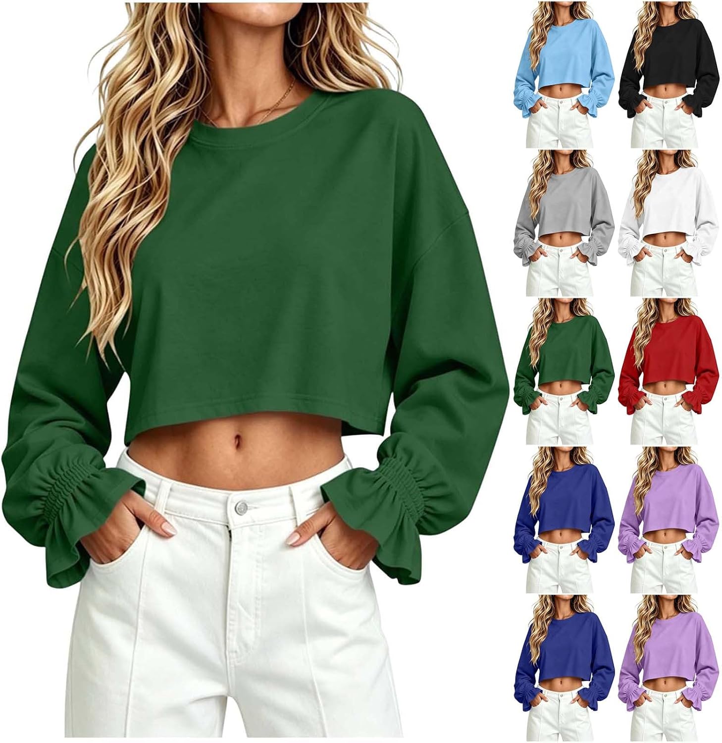 VOGFFR Crew Neck Sweatshirts Women,Crew Neck Sweatshirts Women Lightweight Cropped Ruffle Long Sleve Pullover Fashion Trendy Sweatshirt Green