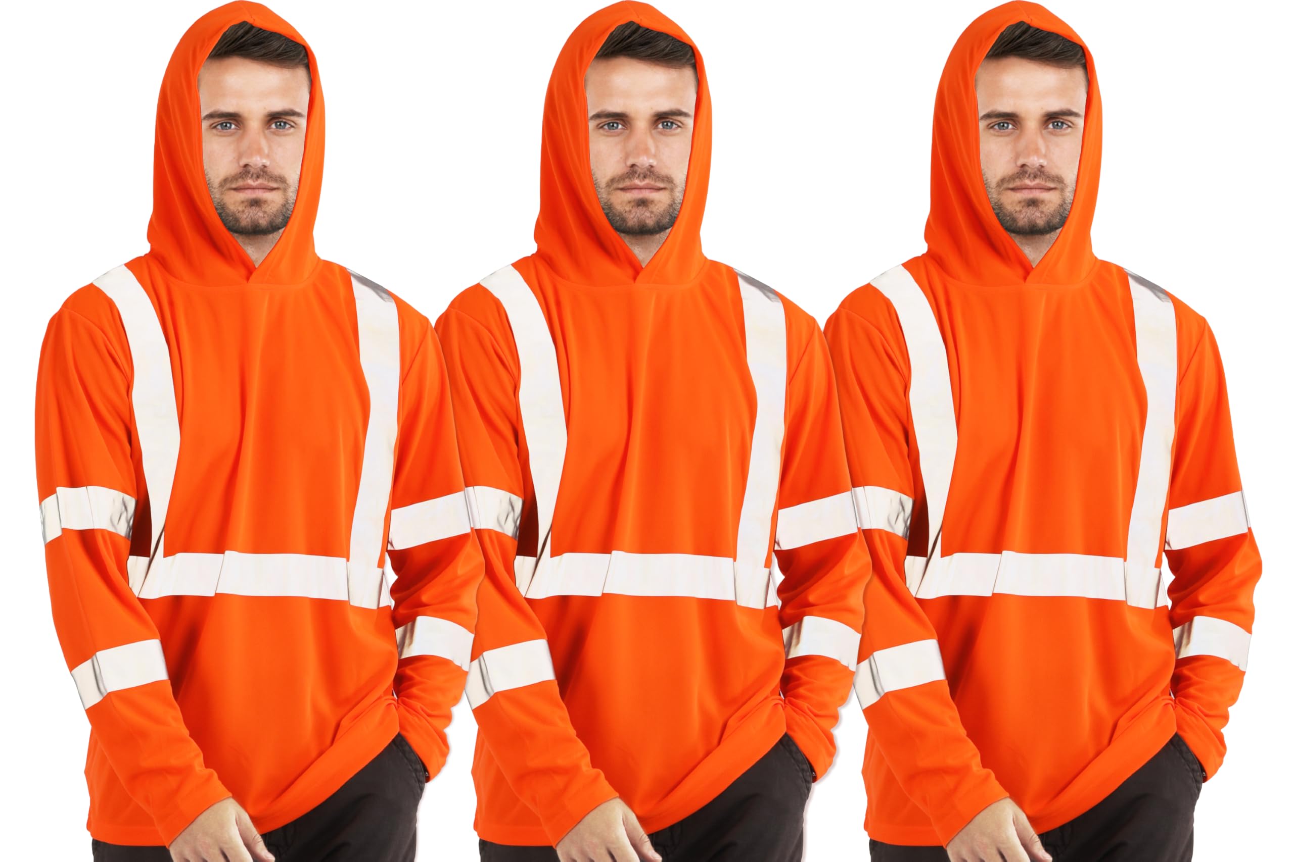 FATONE Hi Vis Shirts Long Sleeve for Work, Class 3 High Visibility Shirts for Men with Hood Reflective, Safety Shirt for Construction 3 PCS, Orange L