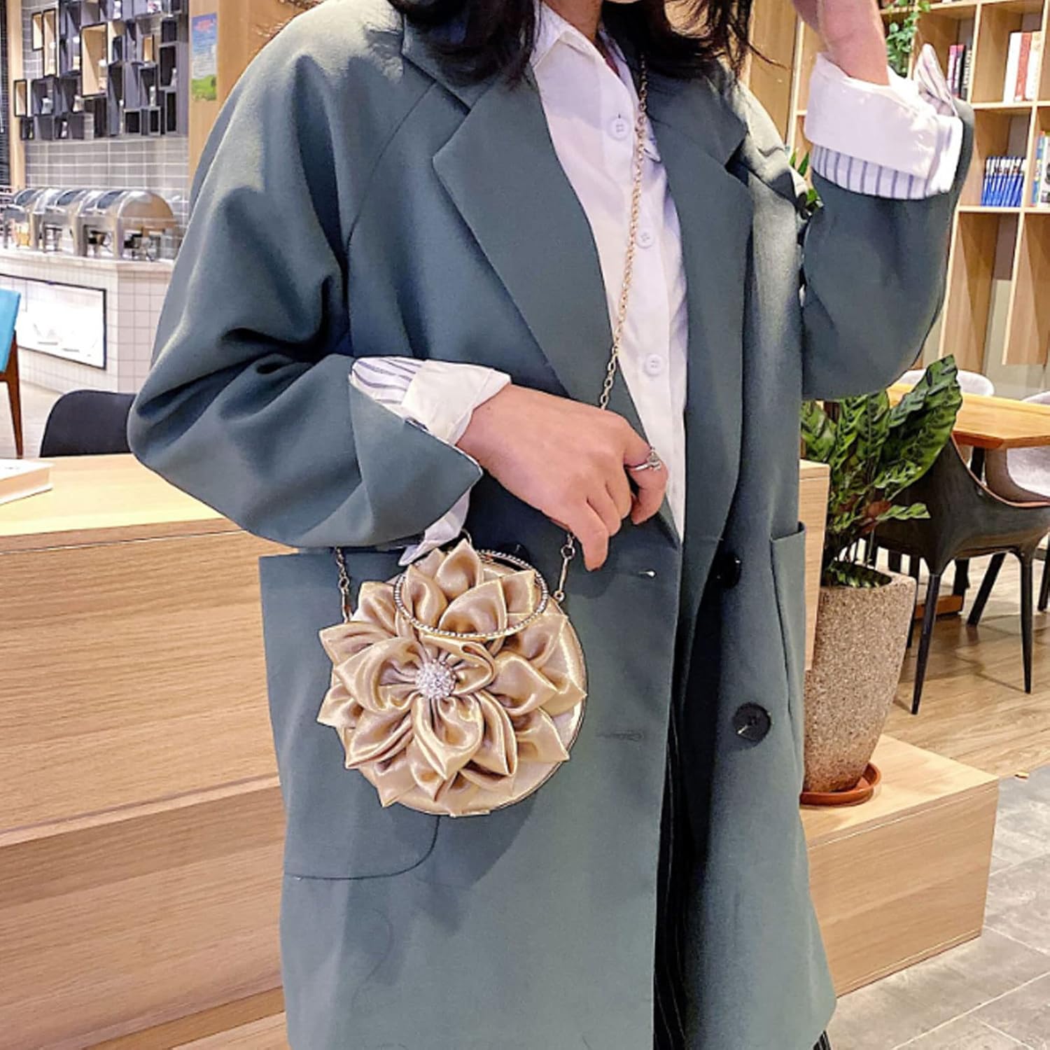 Buddy Women Rose Shaped Clutch Soft Satin Wristlet Handbag Wedding Party Purse