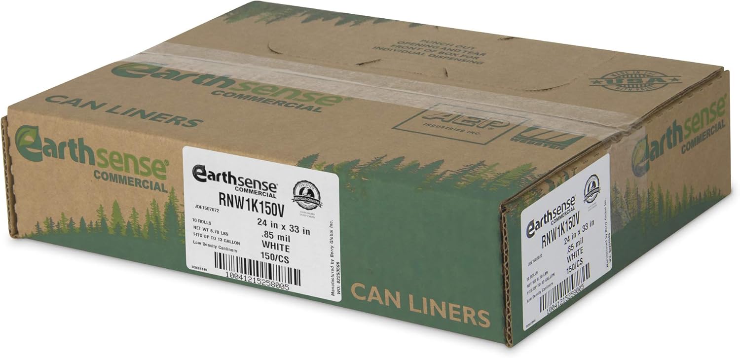 Earthsense Commercial RNW1K150V Recycled Can Liner,13 gal,.85 mil,24" x 33",White,(Pack of 300)
