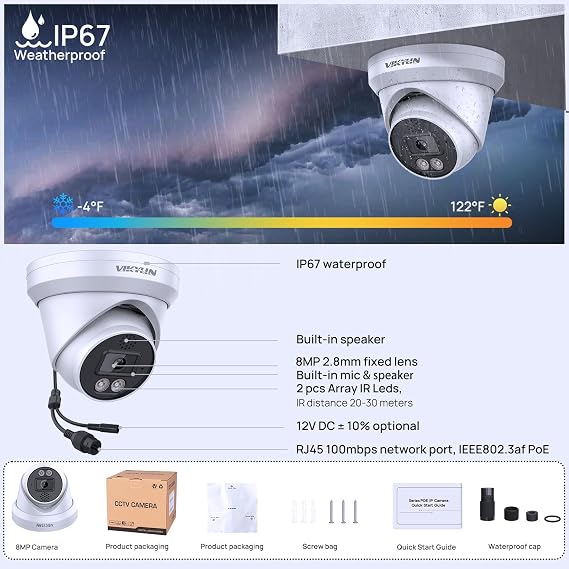 VIKYLIN 4K 8MP PoE IP Camera Outdoor, 4K Security Turret Camera with Human Vehicle Detection, 2.8mm Lens, Starlight 98ft EXIR2.0 Night Vision,2-Way Talk, MicroSD 256GB, IP67, Blue Iris, NDAA Compliant