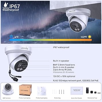 VIKYLIN 4K 8MP PoE IP Camera Outdoor, 4K Security Turret Camera with Human Vehicle Detection, 2.8mm Lens, Starlight 98ft EXIR2.0 Night Vision,2-Way Talk, MicroSD 256GB, IP67, Blue Iris, NDAA Compliant
