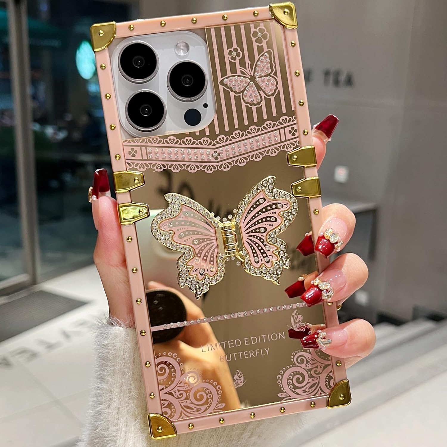 Glitter Kickstand Case for iPhone 16 Pro Max,Cute Luxury Bling Sparkly Butterfly with Foldable Stand Elegant Mirror Shockproof Protective Case for Women Girls for iPhone 16 Pro Max 6.9", Pink - Image 6