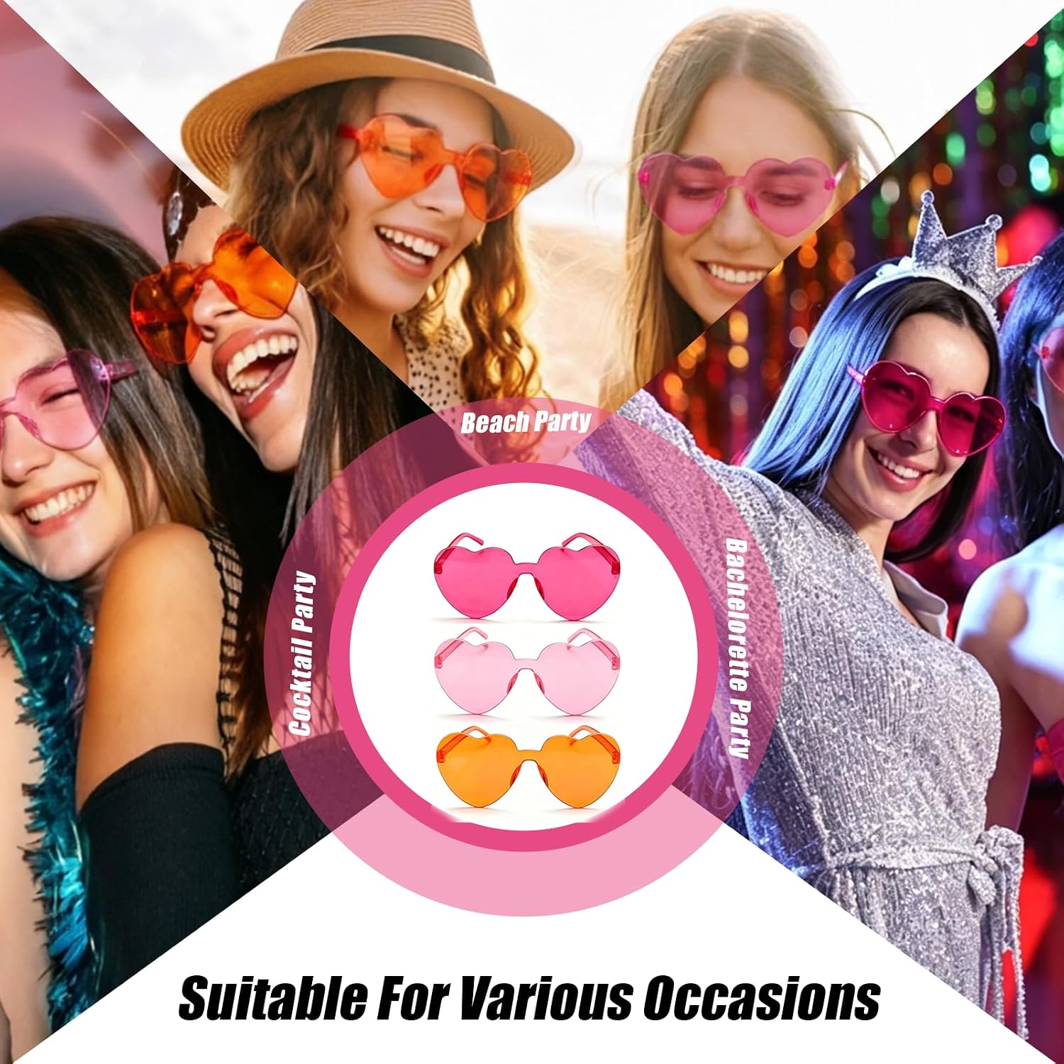 Pink Orange Party Sunglasses Bulk, Plastic Rimless Fun Heart Sunglasses for Women