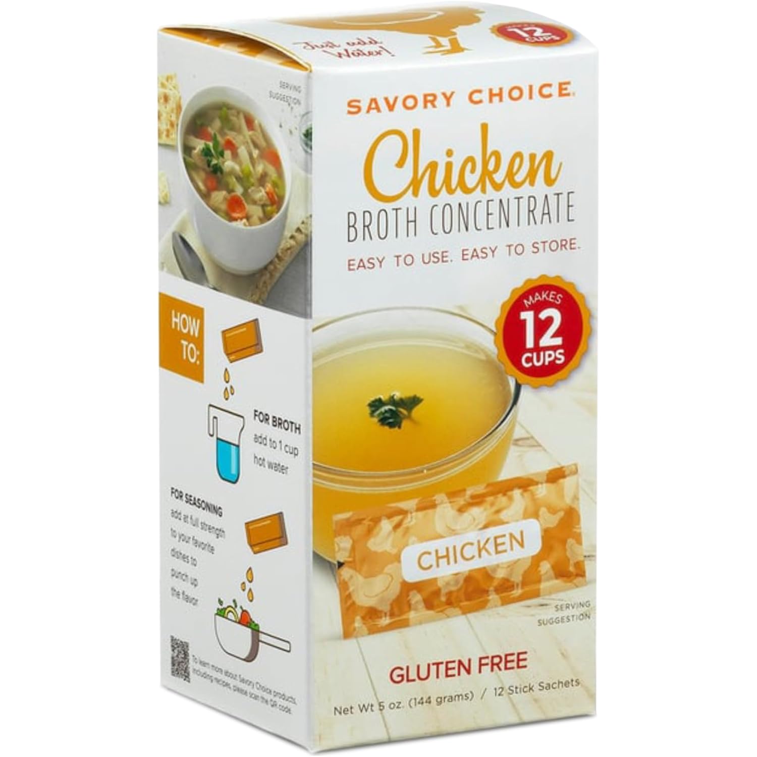 SAVORY CHOICE Chicken Broth Concentrate, 3 Boxes of 12 Packets (12g) - Gluten-Free, Diary-Free Broth Concentrate