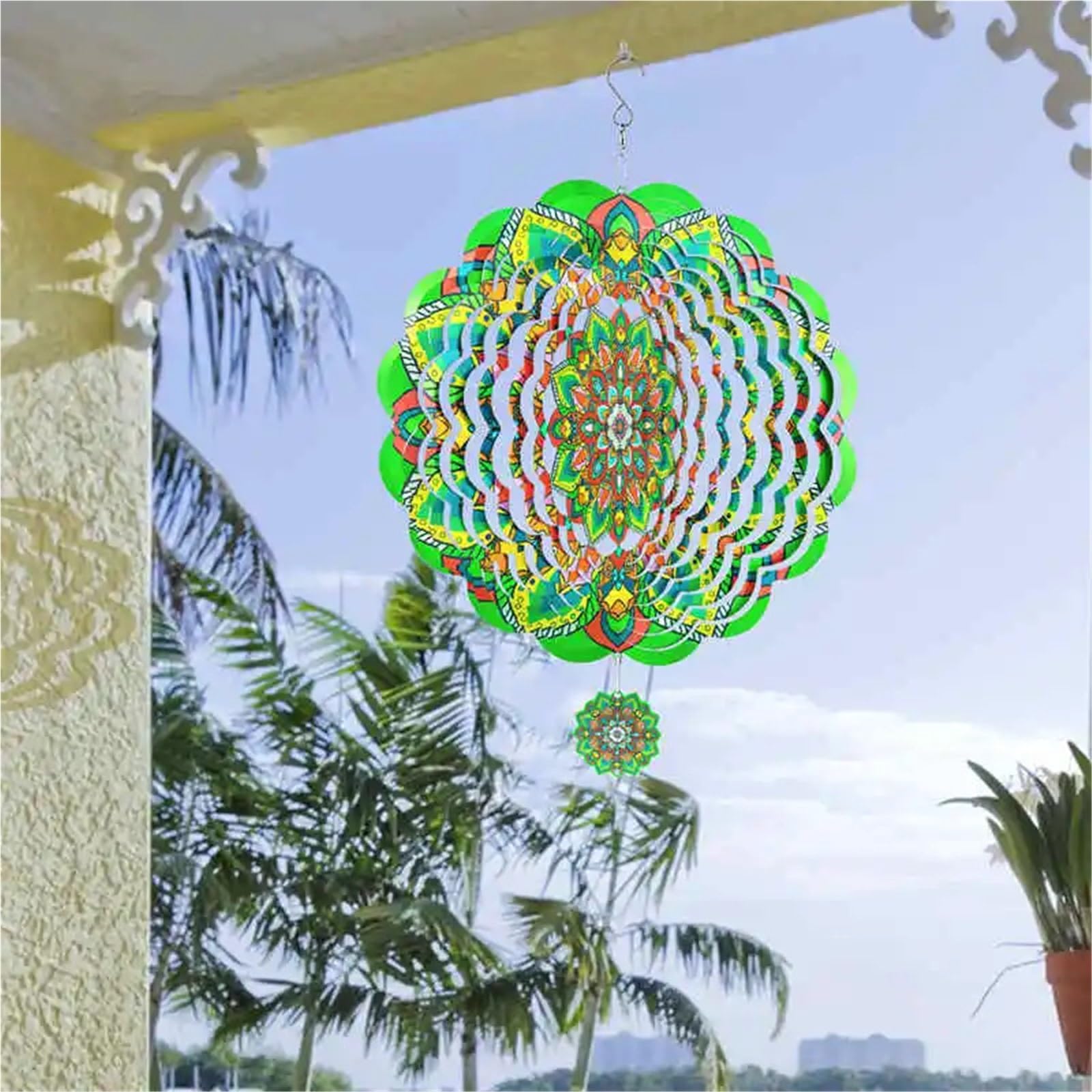 Windspiel Mandala Windspinner Mandala 3D Hängende Windspiele Metallskulpturen Reflektierender Blumenfänger Outdoor Gartendekor Kinetische Hofkunst(Green)