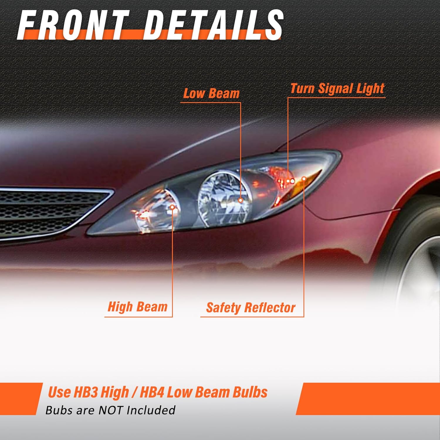 Headlights Assembly for 2002 2003 2004 Toyota Camry LE/XLE Headlamp Black Housing Amber Reflector Clear Lens Driver and Passenger Side