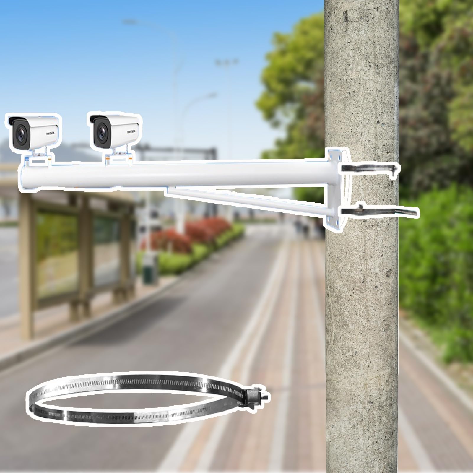 Aioneer Adjustable Outdoor Security Camera Pole With Cross Arm & Clamp, Extra-Long 1.0-2.0M Versatile Surveillance Mount For Traffic Cameras-Single -1.0 m(3.28 ft)