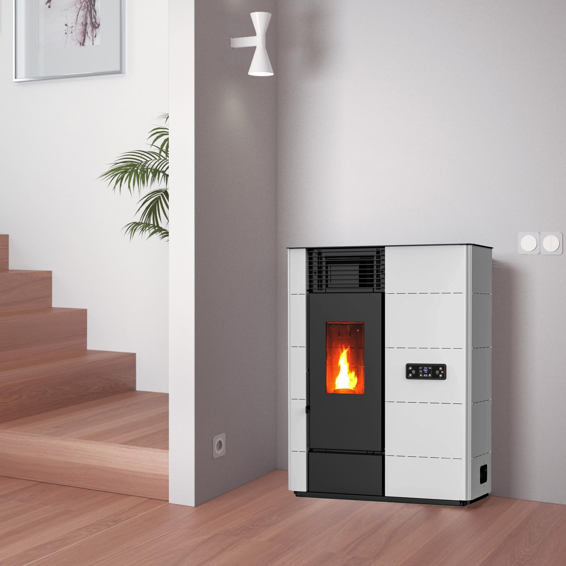 HOME&SOFAS Estufa Pellets de Pasillo | 14Kw Canalizable | Estufa Eléctrica para 140m² | Estufa de Pellets Pequeña con Mando y Programación Automática, Wifi Opcional, Tolva 22 Kg | Calefactor Eficiente