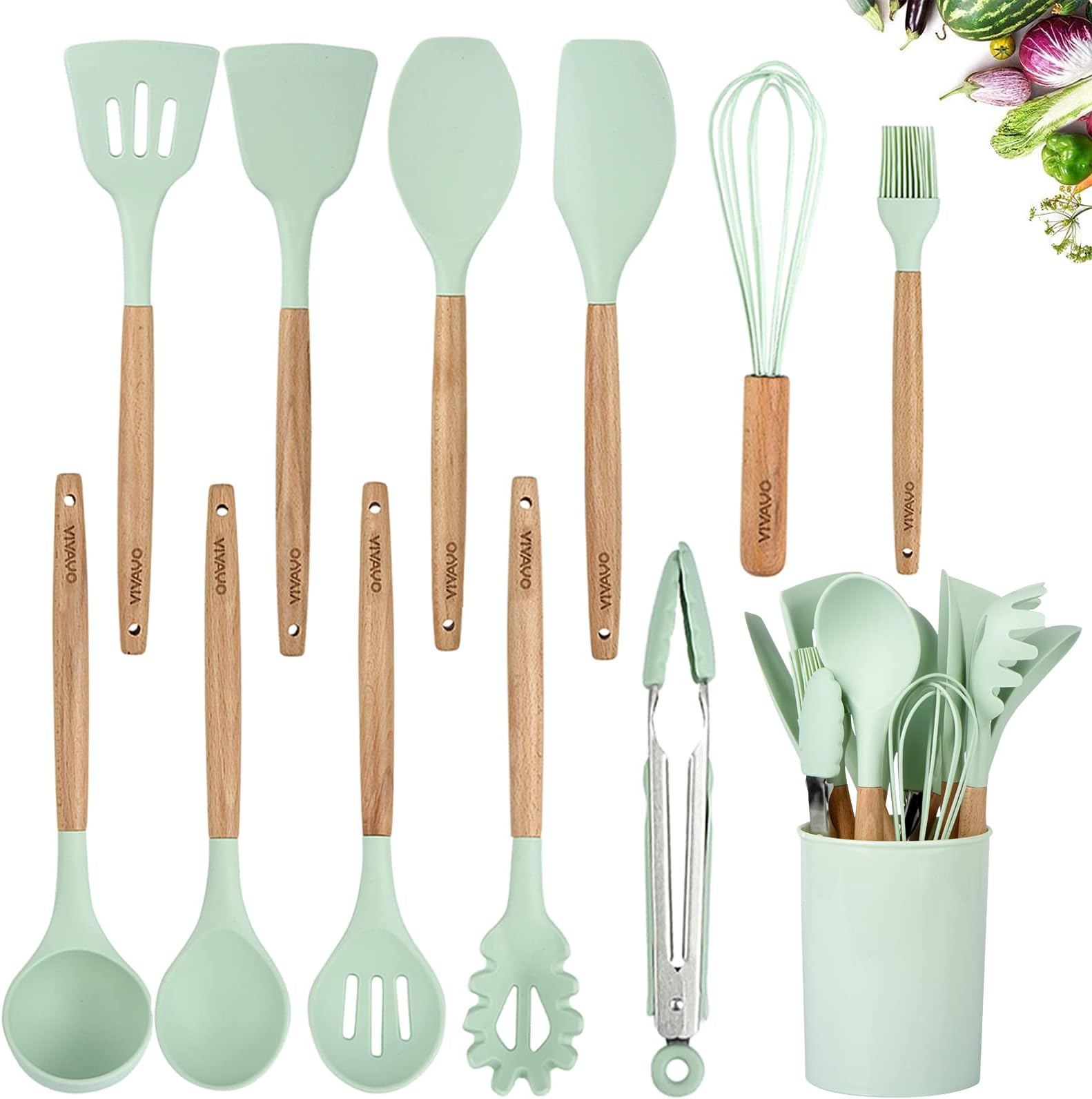 Silicone Cooking Utensil Kitchen Utensils Set, 12 Pieces Silicone Kitchen Utensil Wooden Handles, Kitchen Spatula Sets with Holder Spoon Turner Tongs,Mint Green