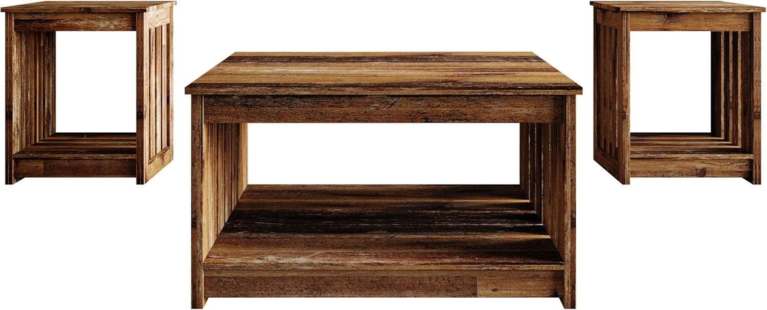 HOME DESIGN Nashua 3 Piece Coffee Table Set for Living Room, Rustic Farmhouse Style, Slatted Side Panels, Open Shelf Storage, Easy Assembly, Vintage Oak Finish