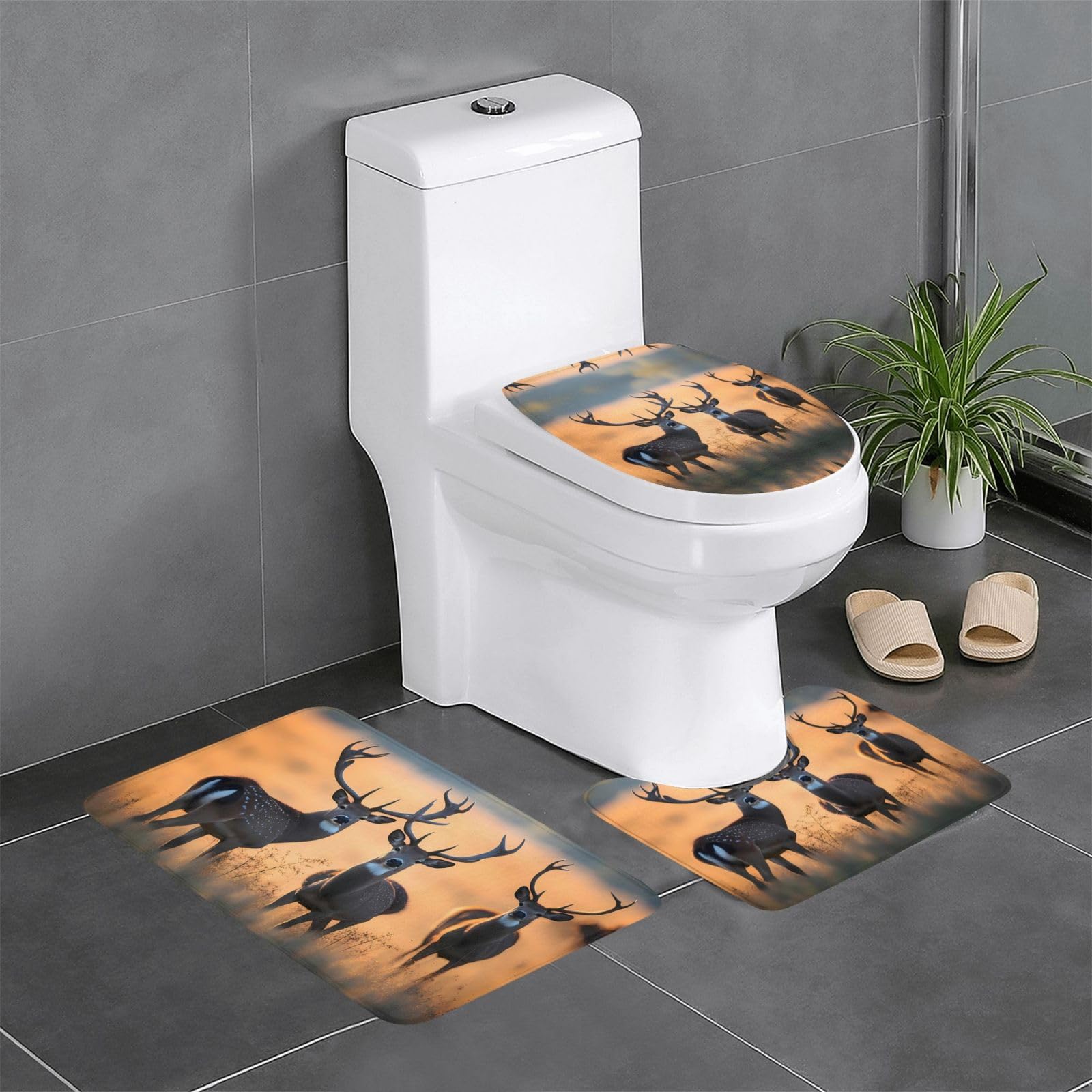 Tapis de salle de bain antidérapants lot de 3 avec contour WC et tapis rectangulaire cerf