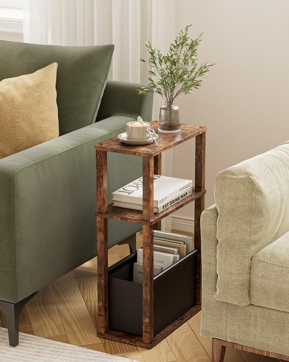 Table d'appoint étroite avec espace de rangement, table d'appoint étroite avec poche, table de chevet étroite à 3 niveaux, petite table basse pour petits espaces, chambre à coucher, salon