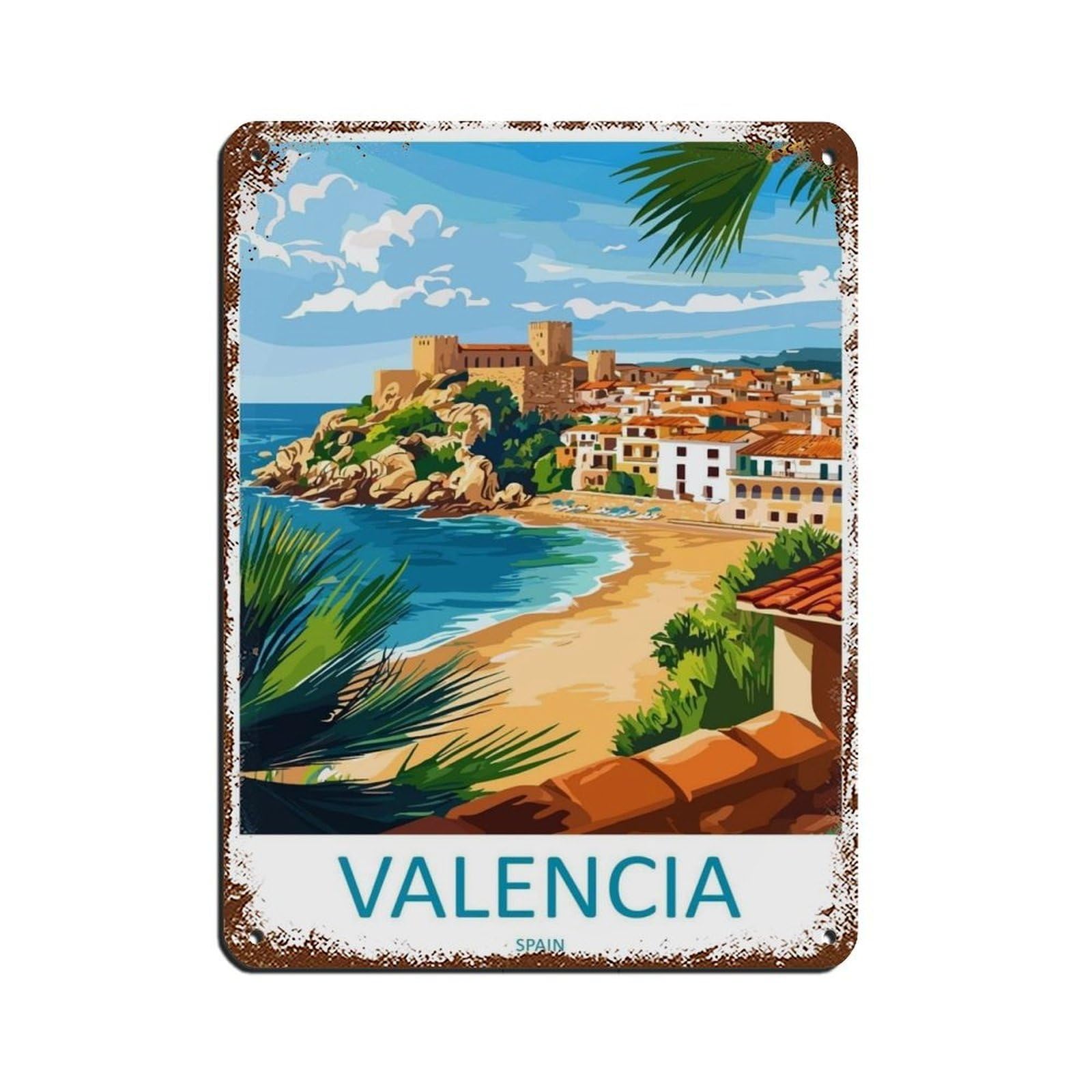 Valencia Travel Spain Art Cityscape Poster Retro Poster Metal Tin Sign Chic Art Retro Iron Painting Bar People Cave Cafe Family Garage Poster Wall Decoration 12x16inch(30x40cm)