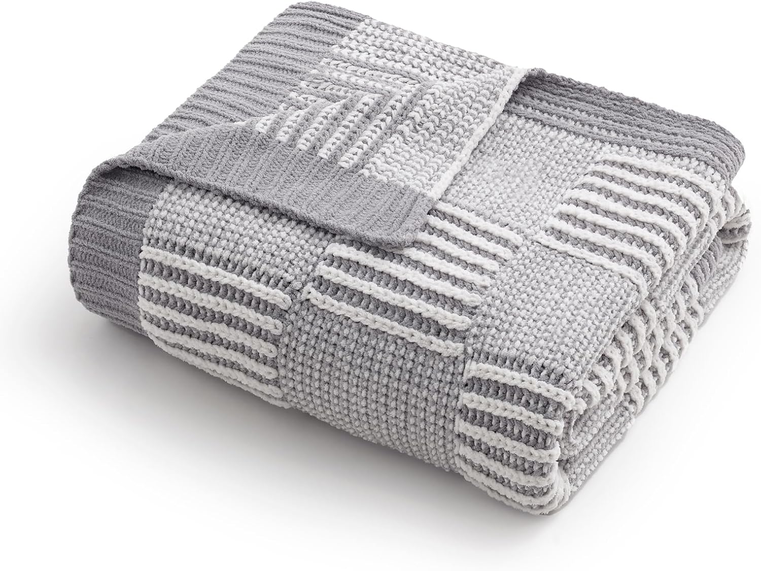 Amélie Home Checkered Knit Throw Blanket for Couch, Chenille Texture Decorative Soft Blanket for Sofa & Chair, 50"x60", Grey & White - Image 6