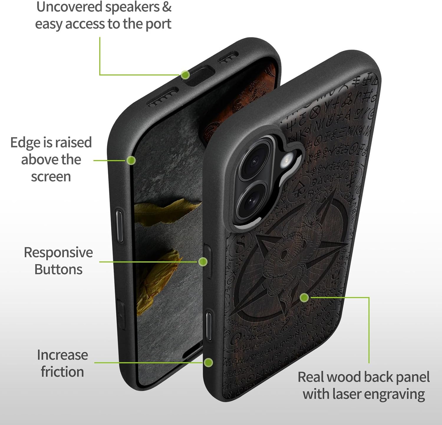 Carveit Magnetic Wooden Case for iPhone 17 Case, Wood Artisan Engraved & Black Soft TPU Shockproof Cover, Compatible with MagSafe Wireless Chargers (Viper Pentagram Design) Blackwood