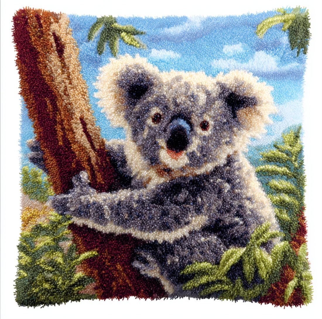 Kitquiver Animal Latch Hook Cushion Craft Kits Cartoon Koala DIY Latch Hook Kits Pillow Printed Cushion Crochet Yarn 3D Embroidery Set Pillowcase Rug Home Decor 17x17In