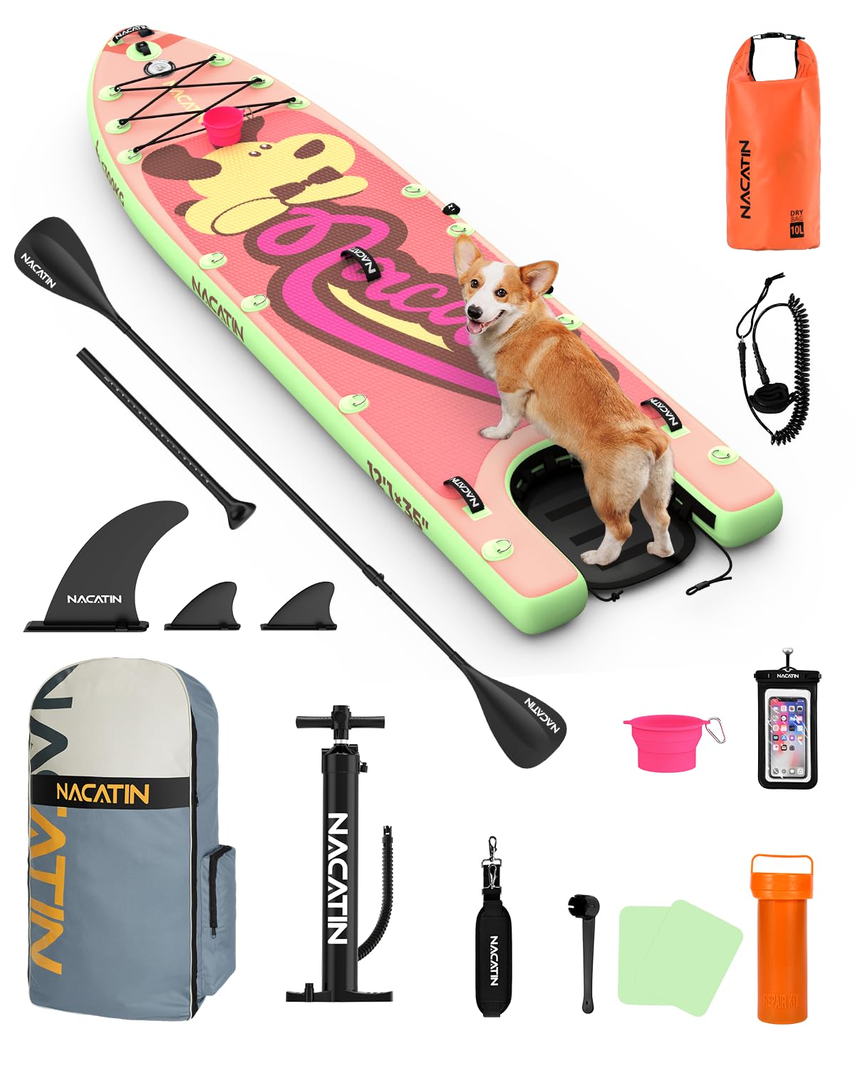 NACATIN 366cm (12ft) aufblasbares SUP Board mit Hunderampe, breites 91cm (36in) Stand Up Paddling Board mit rutschfestem Deck für Hunde & Familie, mit Einzel-/Doppelpaddel, Pumpe, Rucksack